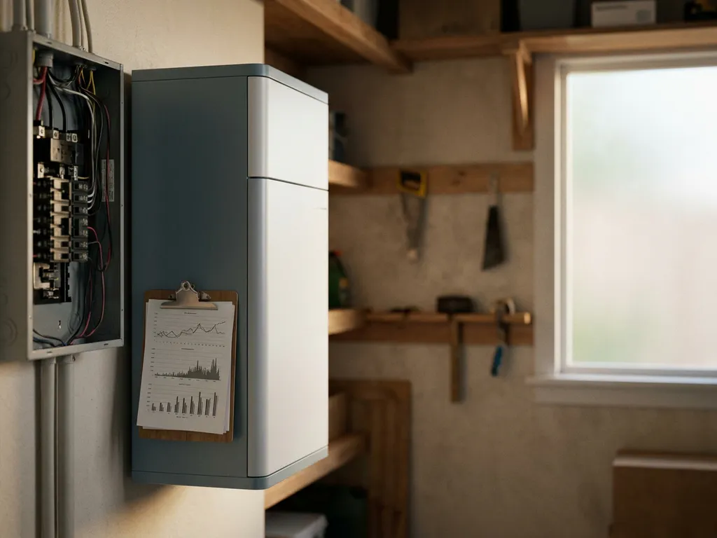 Home battery storage unit mounted on garage wall next to open electrical panel, with energy usage graphs on a clipboard nearby.