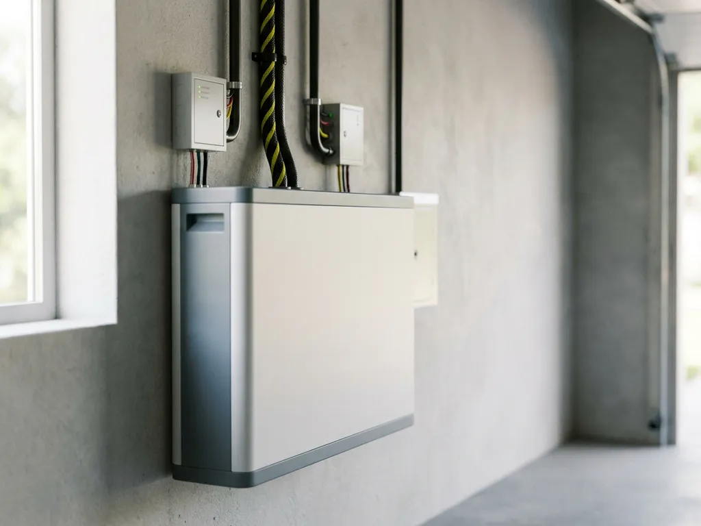 Residential home battery unit mounted on garage wall with dual cable conduits and wiring panels in natural daylight.
