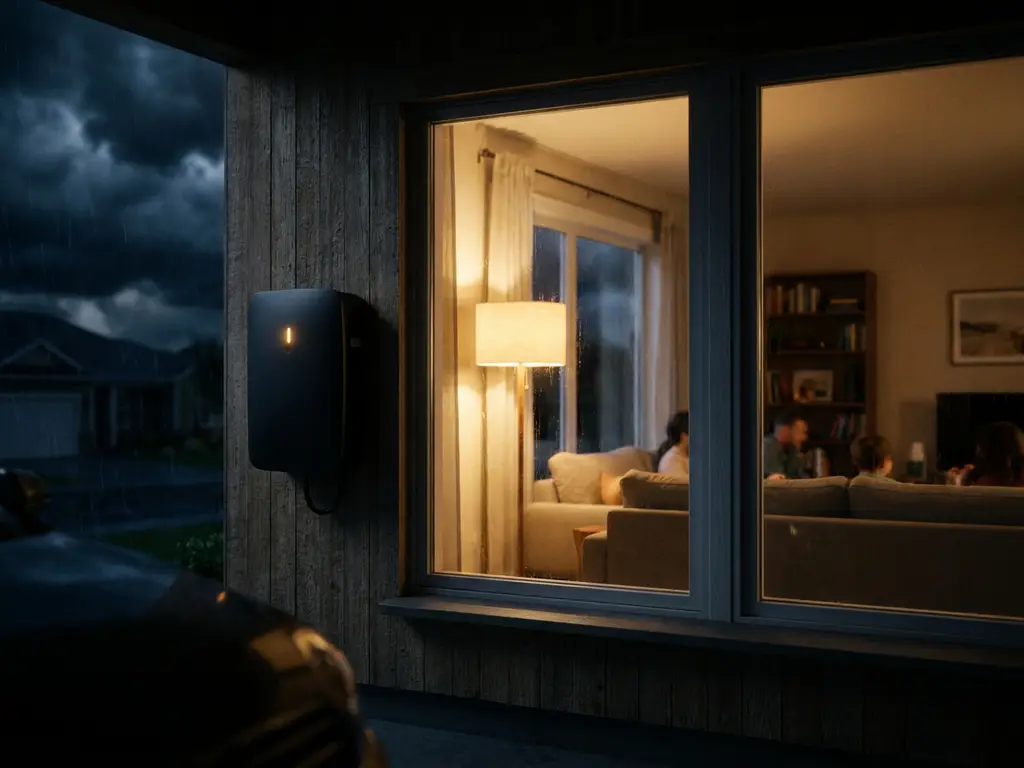 Black home battery unit mounted on garage wall with amber indicator light, warm golden glow inside suburban home during stormy night.