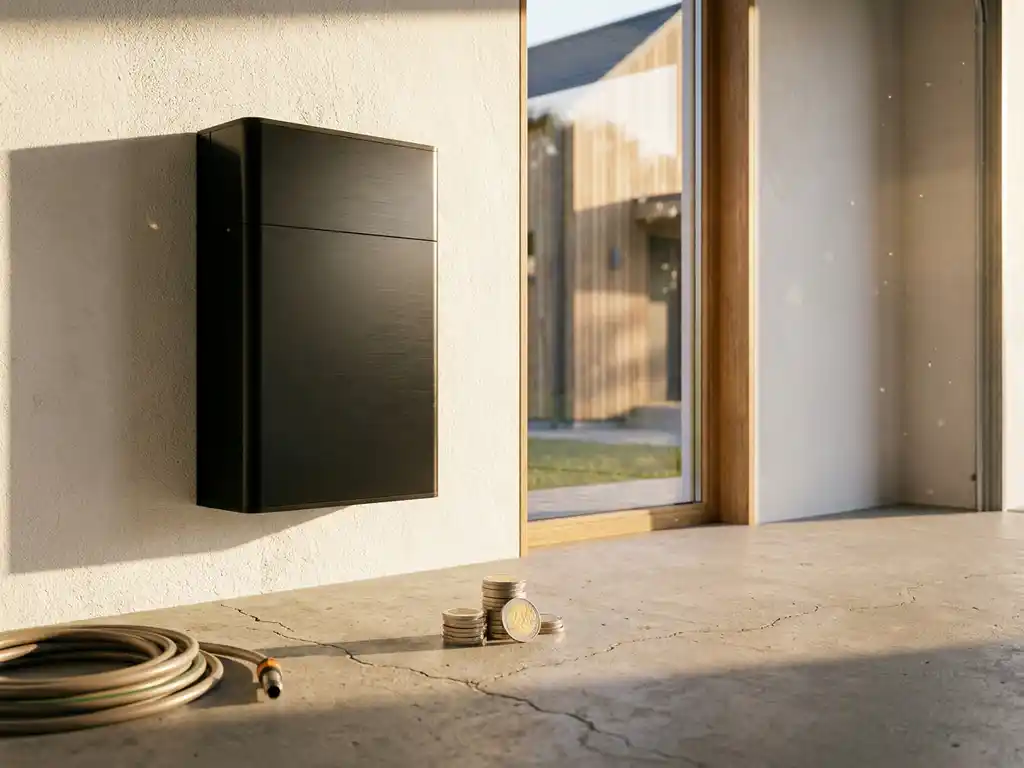 Black home battery unit mounted on sunlit garage wall with euro coins stacked below, representing residential energy storage savings.