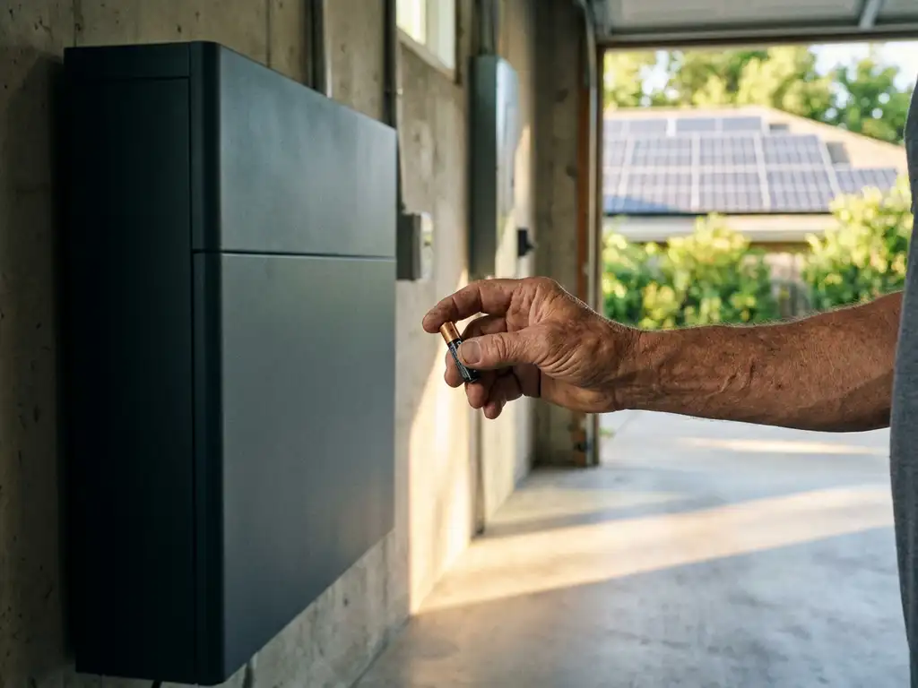 Weathered hand holding an AA battery beside a wall-mounted home battery storage unit, solar panels visible through an open garage door.