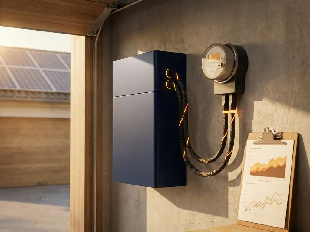 Home battery unit mounted on garage wall next to electricity meter, energy cables connecting to sunlit rooftop, clipboard with usage graphs nearby.