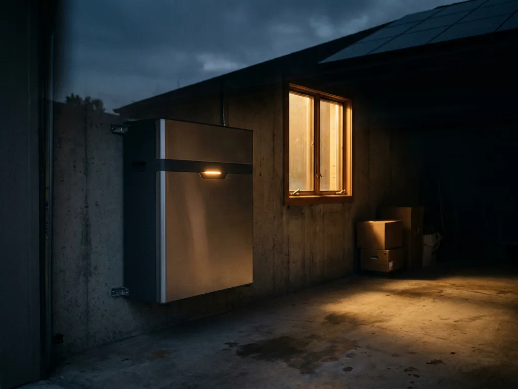Home battery storage unit mounted on garage wall at twilight, with warm amber light and rooftop solar panel silhouette visible outside.