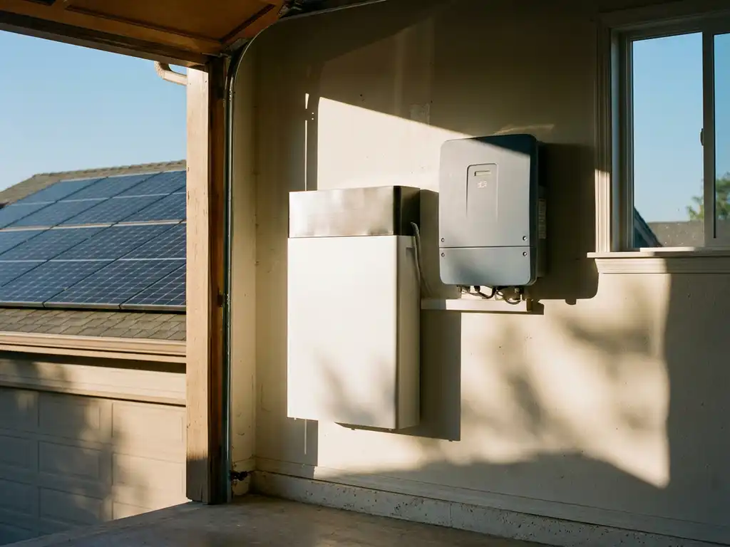 Home battery storage unit mounted on a sunlit garage wall beside a solar inverter, with a rooftop solar array visible in the background.