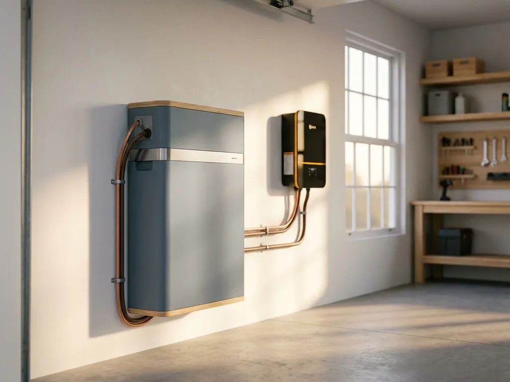 Home battery storage unit on garage wall with copper wiring connecting to a solar inverter, bathed in warm afternoon sunlight.