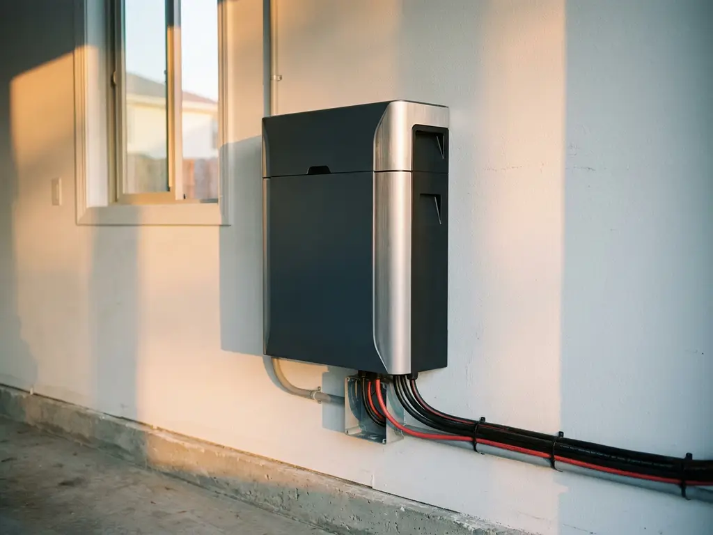 Home battery storage unit mounted on white garage wall with solar panel cables, illuminated by warm late-afternoon sunlight.
