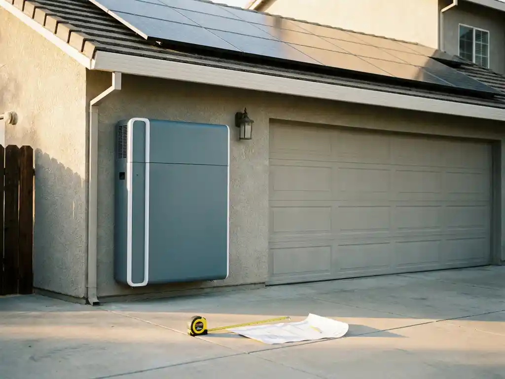 Thuisbatterij gemonteerd op een zonnige garagemuur naast zonnepanelen op het dak, met een meetlint en specificatieblad eronder.