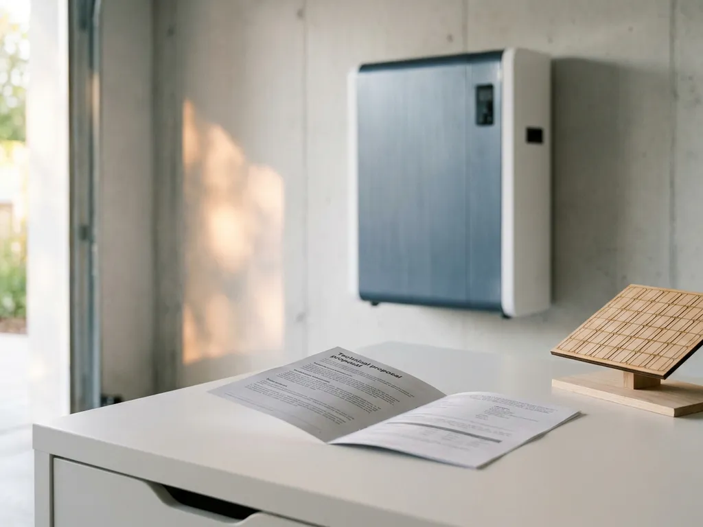 Home battery storage unit mounted on a garage wall beside a technical proposal document and solar panel model on a white desk.