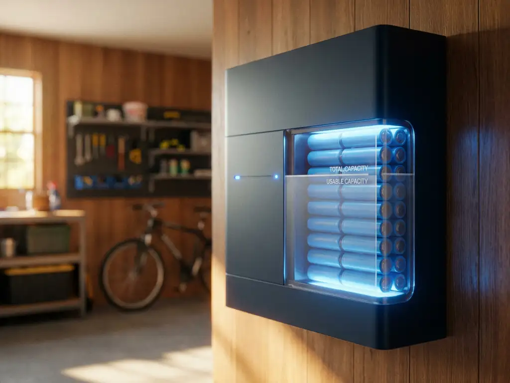 Home battery unit on garage wall with transparent casing revealing internal cell layers and a fill-line marking usable versus total capacity.