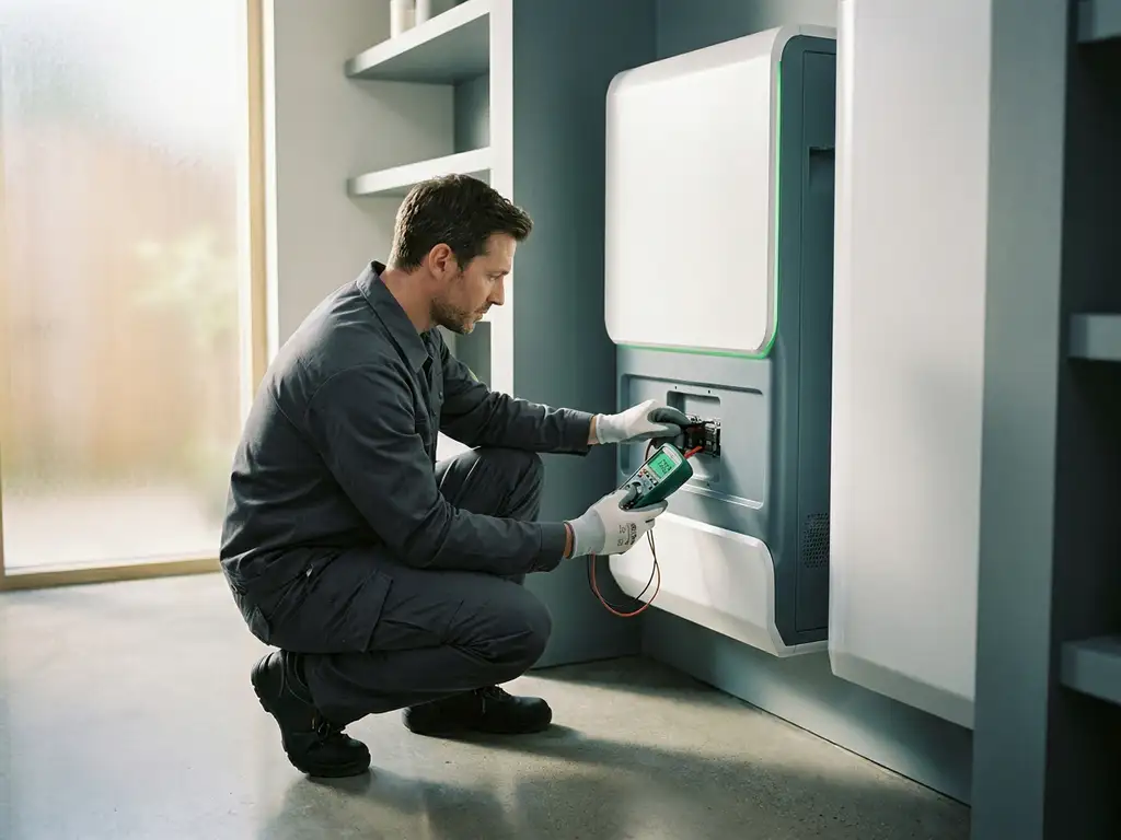 Technician inspecting wall-mounted home battery unit connections with a diagnostic tool in a modern utility room.