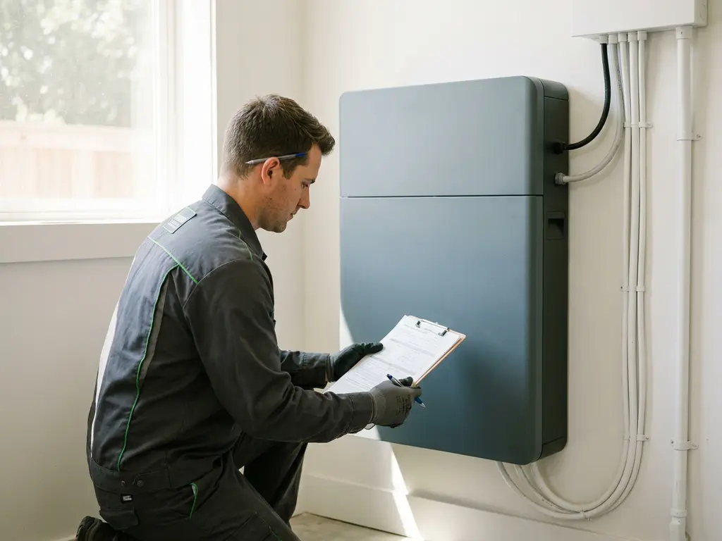 Technician kneeling beside a wall-mounted home battery unit in a modern utility room, reviewing inspection clipboard.