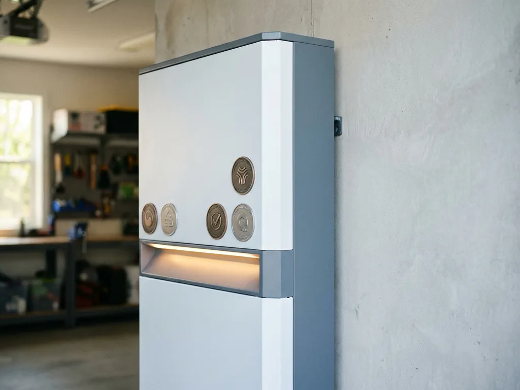 Home battery storage unit mounted on a garage wall with embossed metal certification plaques on its slate grey casing, lit by warm amber accent lighting.