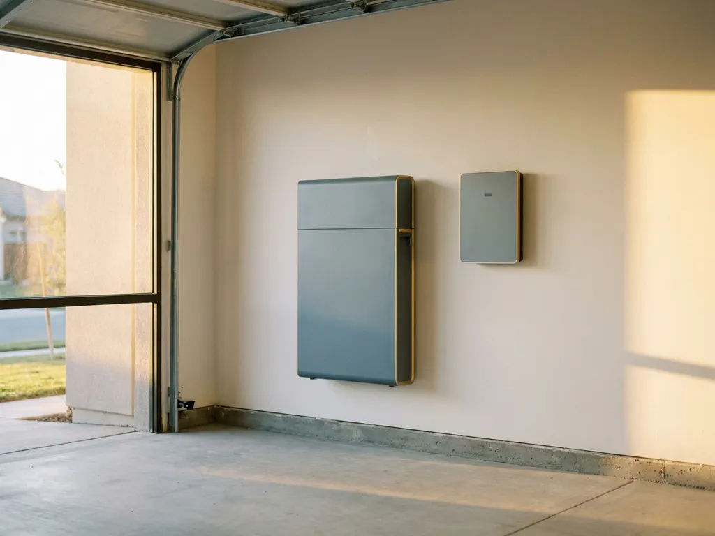 Unité de stockage de batterie domestique et panneau Power Wall montés sur un mur de garage, baignés par la chaude lumière du soleil de l’après-midi.