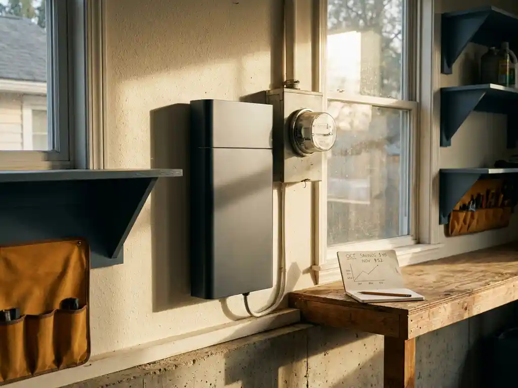 Home battery unit mounted on garage wall next to electricity meter, with a handwritten savings chart on a nearby shelf in warm afternoon light.