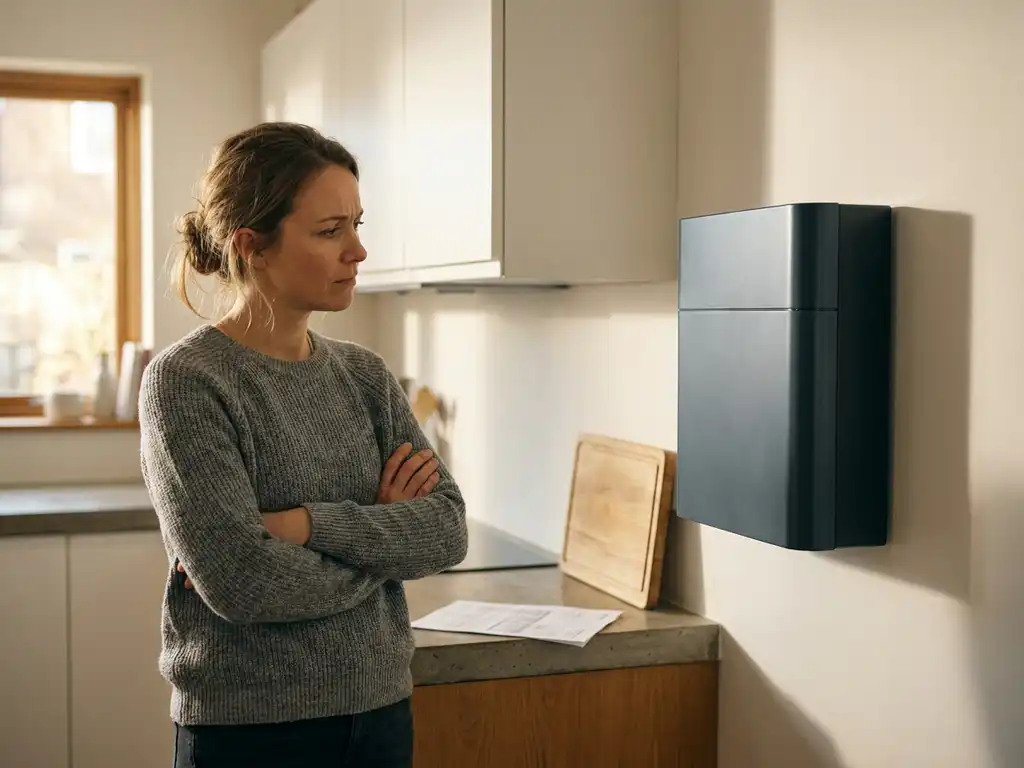 Homeowner with crossed arms examining a wall-mounted home battery unit in a modern kitchen, printed quote on the counter nearby.