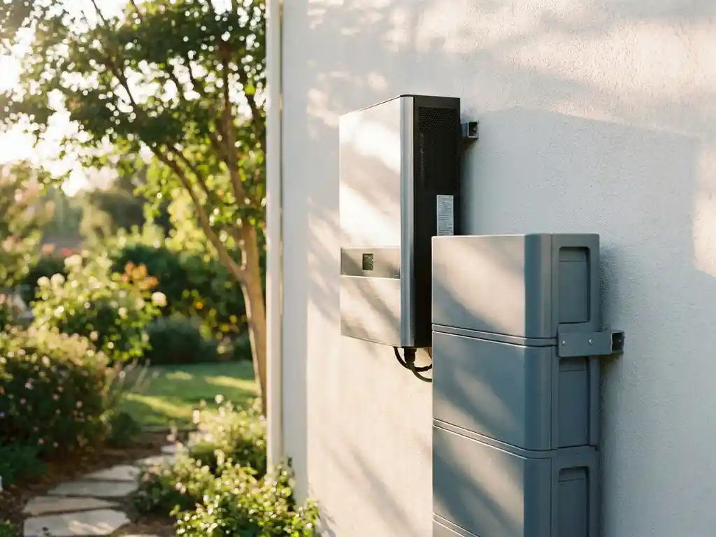 Hybrid inverter mounted on sunlit exterior wall beside a home battery storage system, with lush garden in the background.