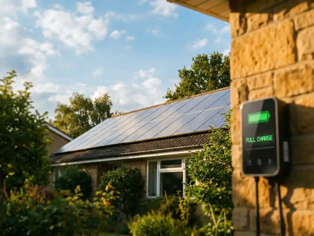 Solar panels on a sunlit residential roof with a fully charged energy meter on the exterior wall, surrounded by lush greenery.