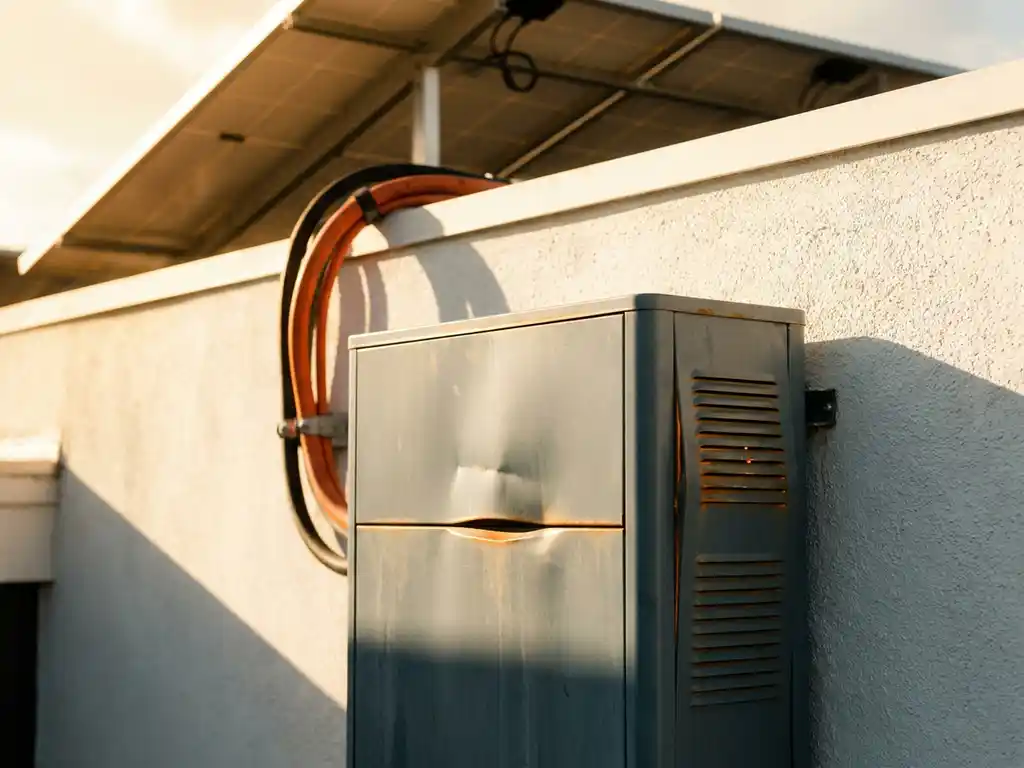 Home battery unit mounted on sun-drenched exterior wall, connected to rooftop solar array with thick wiring, casing showing heat stress in warm afternoon light.