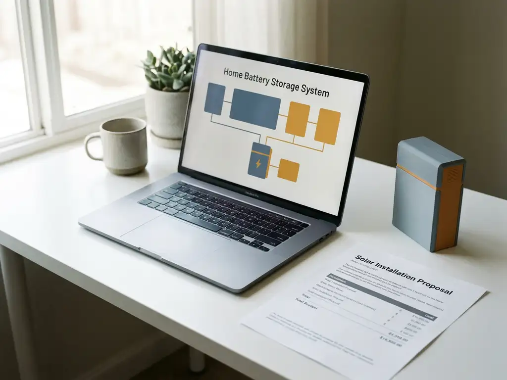 Laptop showing battery storage configuration diagram beside a printed solar installation quote and home battery unit model on a white desk.
