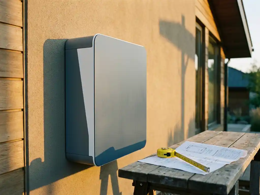 Solar battery unit mounted on sunlit exterior wall beside a modern home, with measuring tape and technical spec sheet nearby.