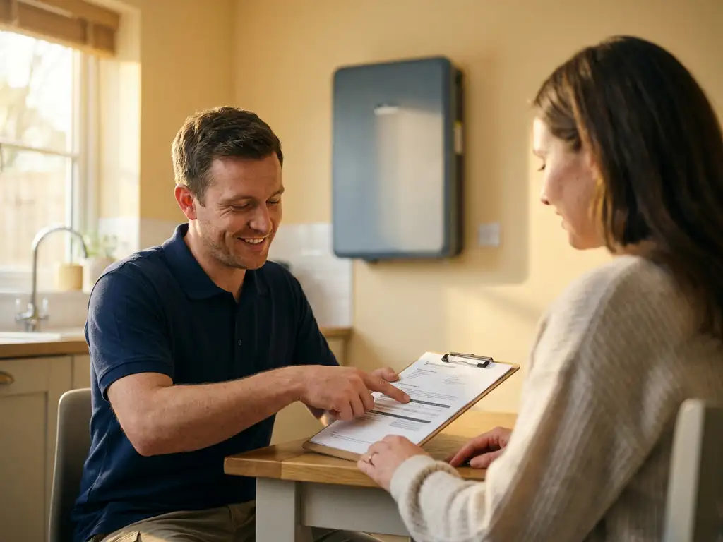 Solar installer presenting a home battery quote on a clipboard to a homeowner at a kitchen table, wall-mounted battery unit visible behind them.