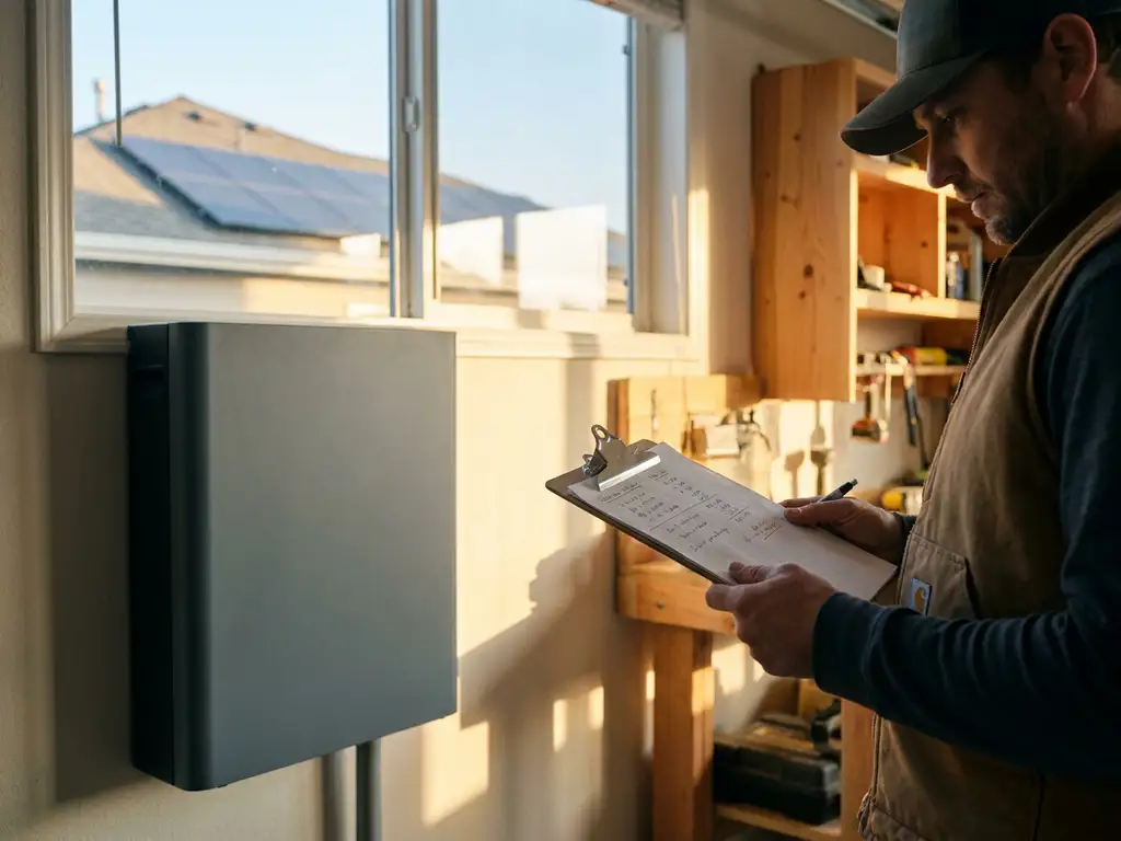 Solar installer reviewing battery sizing calculations on a clipboard beside a home battery unit, residential rooftop solar panels visible through sunlit garage window.