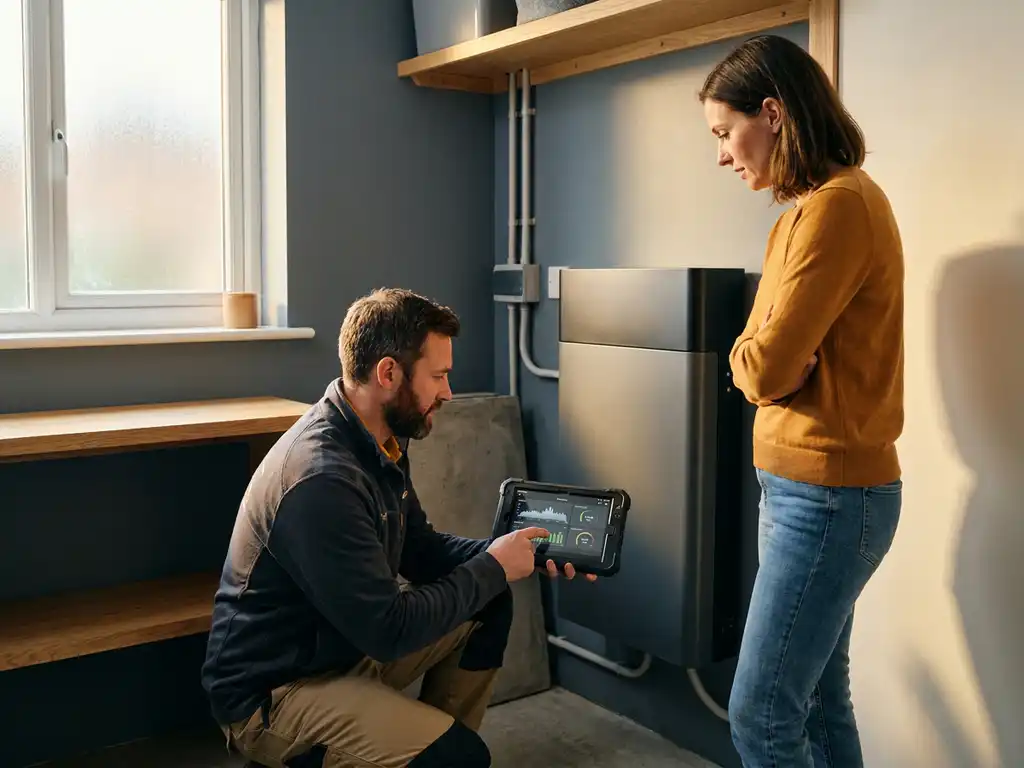 Solar installer reviewing home battery ROI data on tablet beside wall-mounted battery storage unit, client observing in sunlit utility room.