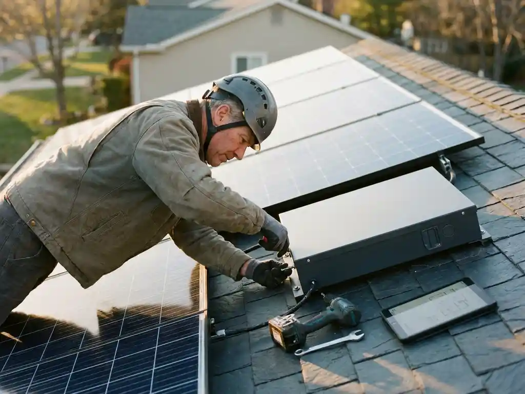 Solar installer securing a home battery unit next to rooftop solar panels in warm afternoon sunlight, with tools and tablet nearby.