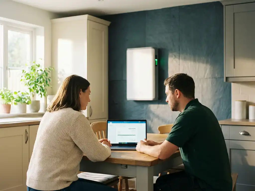 Homeowner and solar installer reviewing a battery storage quote on a laptop at a kitchen table, with a home battery unit mounted on the wall behind them.