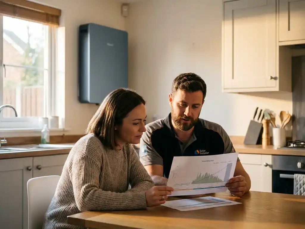 Solar installer and homeowner reviewing a 25-year battery savings chart at a kitchen table, with a home battery unit mounted on the wall behind them.
