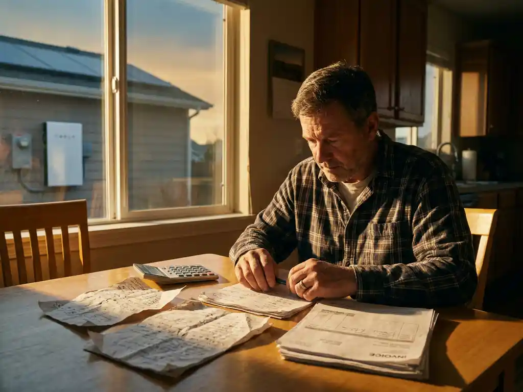 Solar installer reviewing handwritten notes and invoices at a kitchen table, residential battery unit visible through sunlit window behind them.