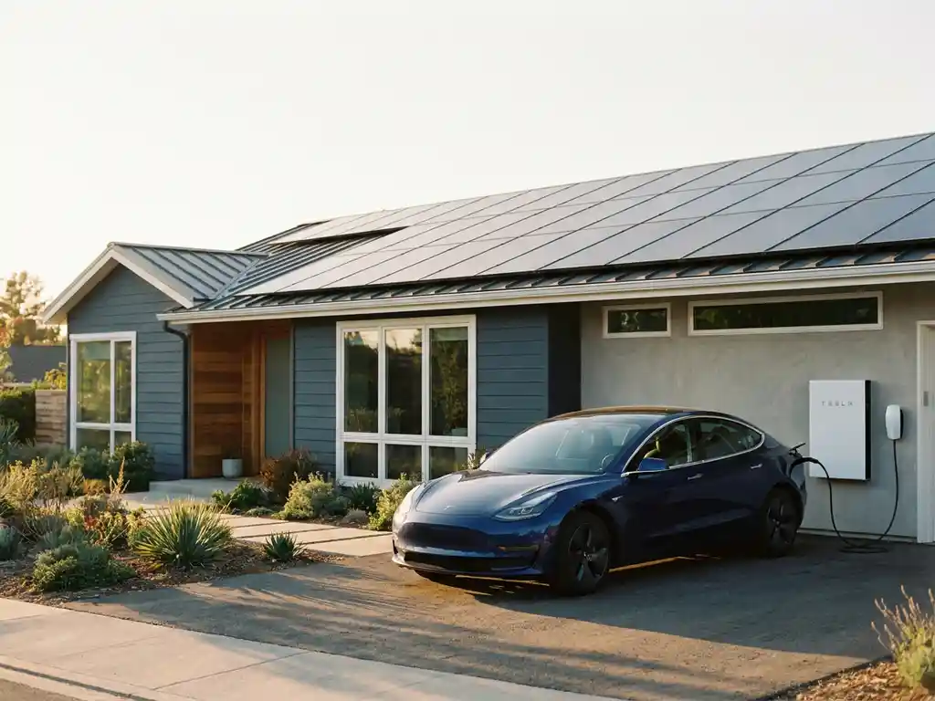 Modern home at golden hour with rooftop solar panels, wall-mounted battery unit, and electric vehicle charging in the driveway.