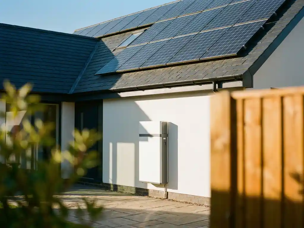 Residential rooftop solar panels gleaming in midday sun with a home battery storage unit mounted on the exterior wall below.