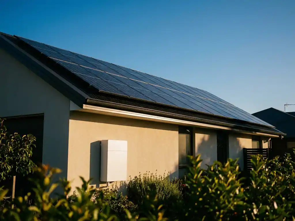 Black solar panels on a modern home rooftop with a white battery storage unit mounted on the exterior wall during peak afternoon sun.