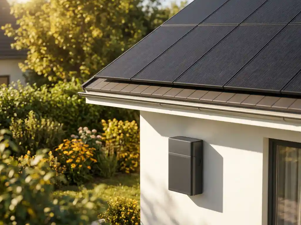 Dark solar panels on a residential rooftop with a home battery unit mounted on a sunlit exterior wall, lush garden in background.