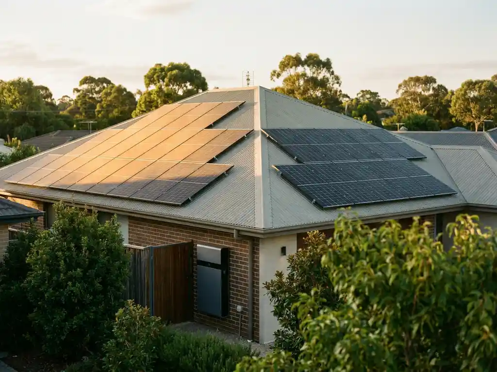Residential rooftop solar panels at contrasting angles in golden sunlight, with a home battery storage unit mounted on the exterior wall below.