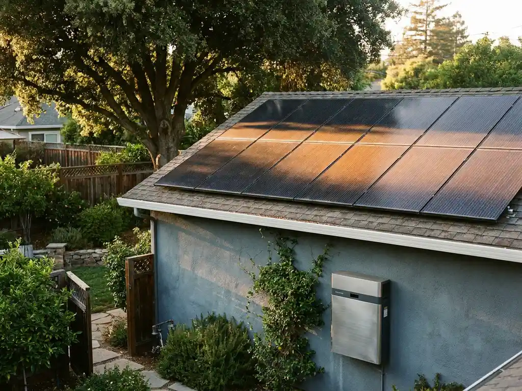 Residential rooftop solar panels half-shaded by a tree, with sunlit panels gleaming beside a home battery unit mounted on the exterior wall.
