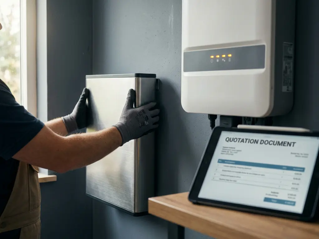 Solar technician installing a home battery unit beside a wall-mounted inverter, with a tablet showing a quote on a nearby shelf.