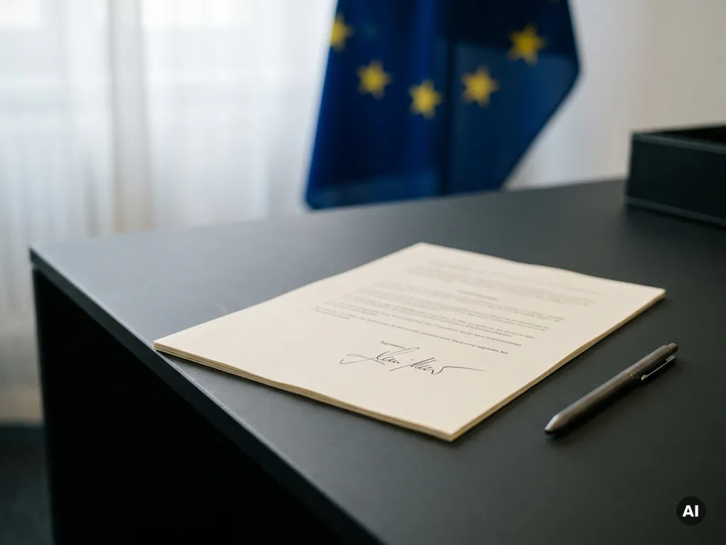 Unterzeichnetes Dokument und Stylus-Stift auf einem modernen Schreibtisch mit unscharfer EU-Flagge im Hintergrund.