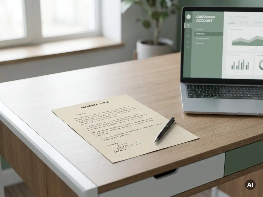 Signed paper mandate form on a modern desk beside a laptop displaying a customer account screen, with a pen resting diagonally across the document.