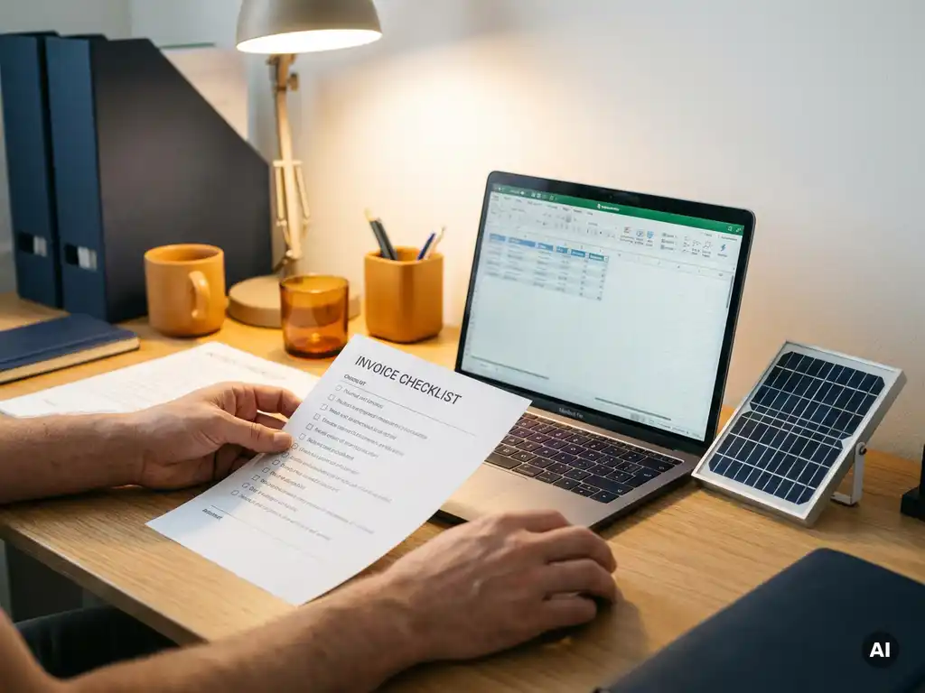 Hand hält eine gedruckte Rechnungs-Checkliste auf einem Schreibtisch neben einem Laptop mit einer Tabellenkalkulation und einem kleinen Solarmodell, warmes bernsteinfarbenes Bürolicht.