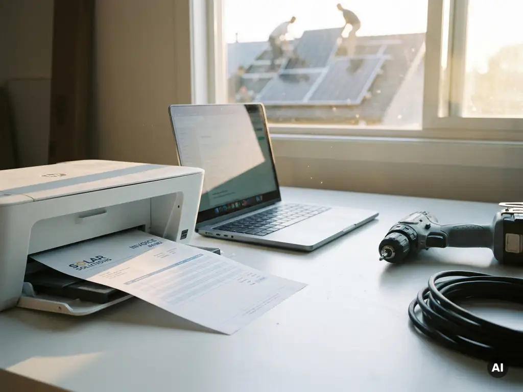 Gedruckte Rechnung, die aus einem Laptop gleitet, neben einem Akkuschrauber auf einem Werkstatttisch; durch ein sonnendurchflutetes Fenster ist eine Solarpanel-Installation zu sehen.