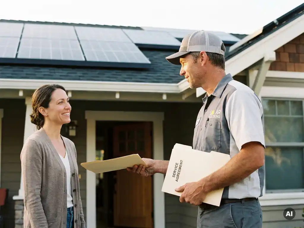 Solar technician handing a service agreement to a smiling homeowner at their front door, with newly installed solar panels gleaming on the roof behind them.